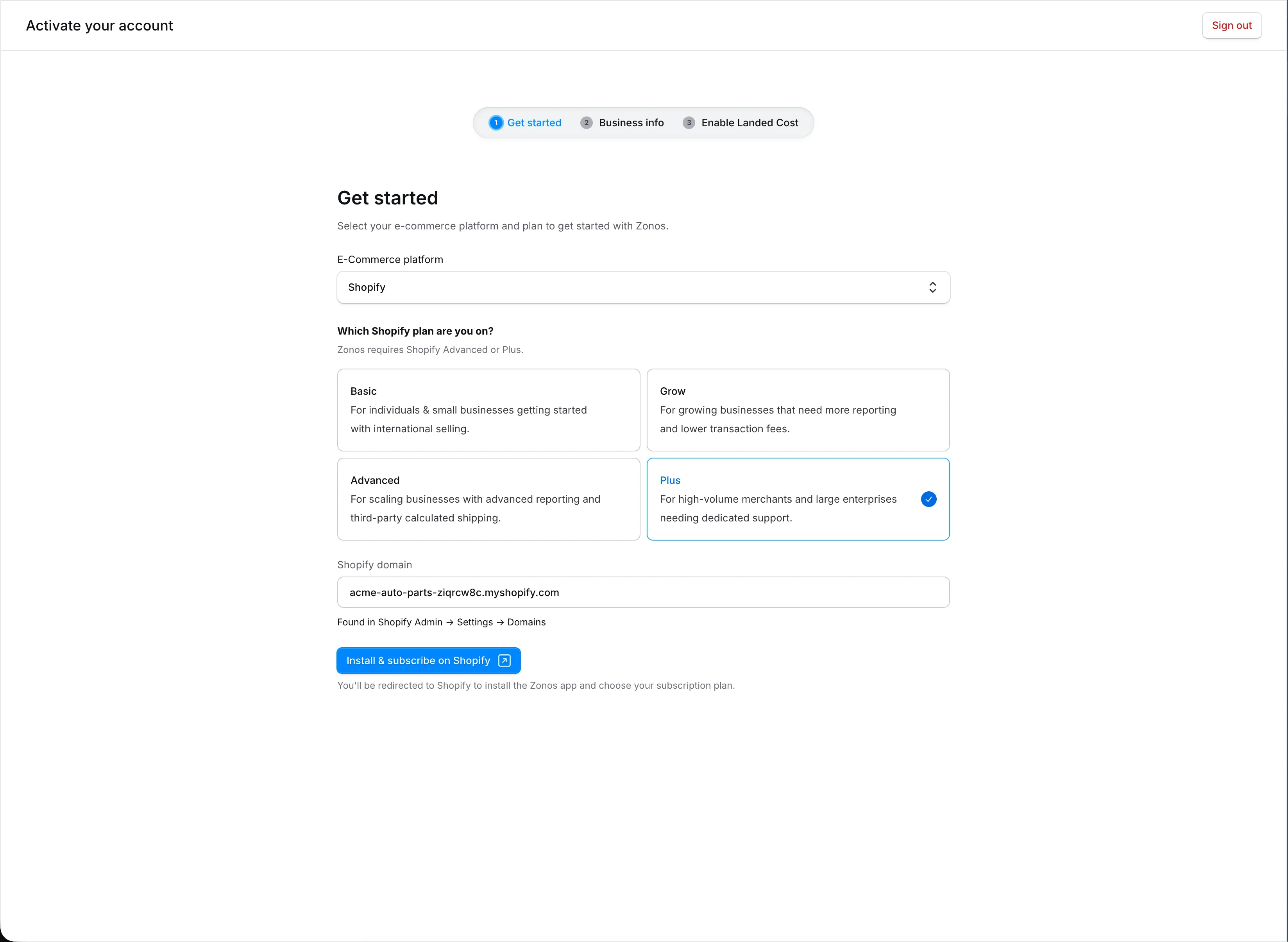 Wizard step showing the Shopify plan picker and domain field